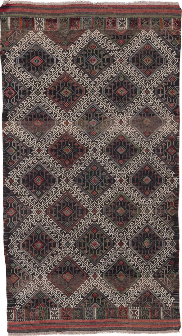 4' x 8' one-of-a-kind handmade vintage Jijim rug. Color palette: black, brown, dim gray, gray, light gray, red