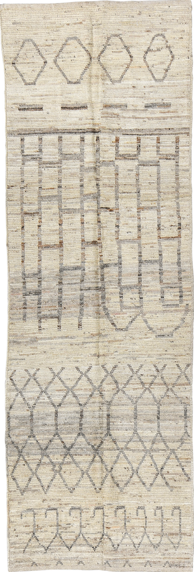 3' x 9' one-of-a-kind handmade vintage Tulu runner rug. Color palette: brown, gray, light gray, off-white