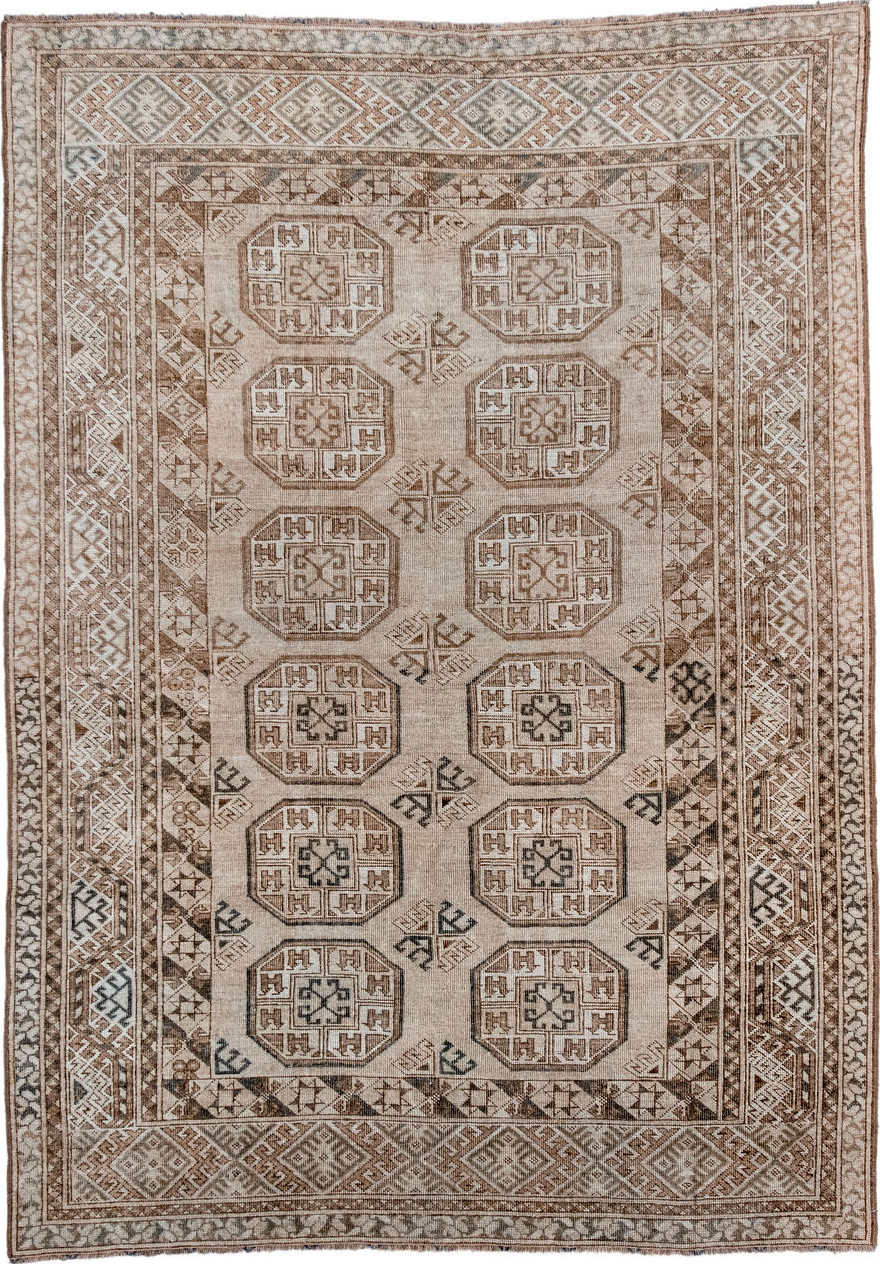 5' x 7' one-of-a-kind handmade vintage Afghan rug. Color palette: black, brown, gray, light gray, off-white, pink, silver
