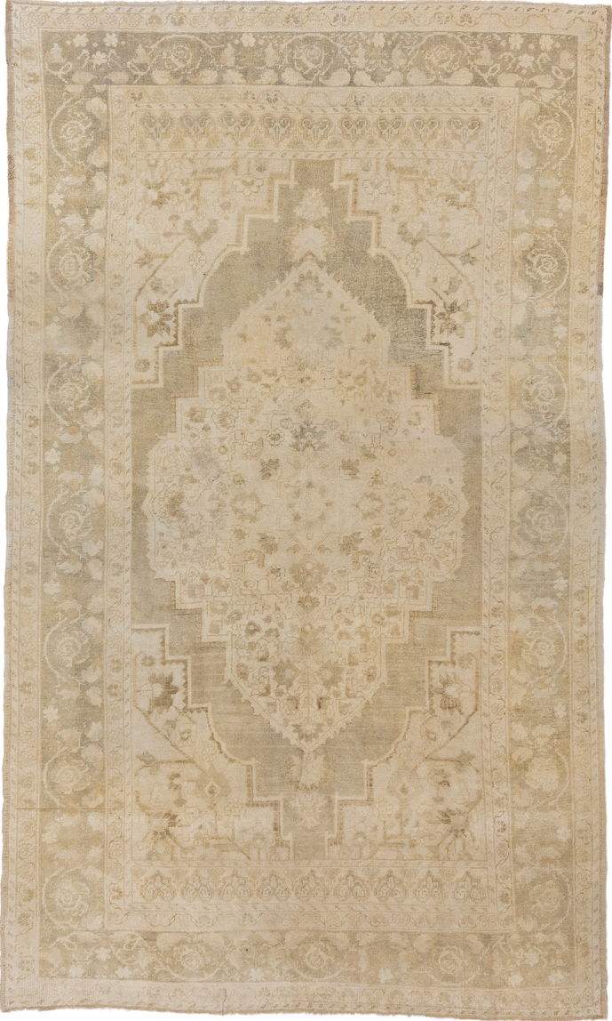 6' x 10' one-of-a-kind handmade vintage Oushak large size rug. Color palette: brown, gray, light gray, off-white, orange