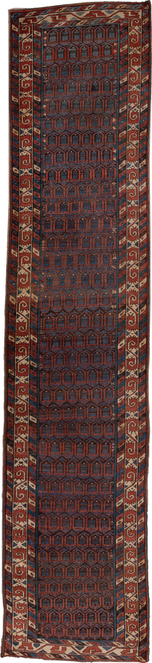 3' x 15' one-of-a-kind handmade vintage Sarab runner rug. Color palette: black, blue, brown, charcoal, gray, off-white, red