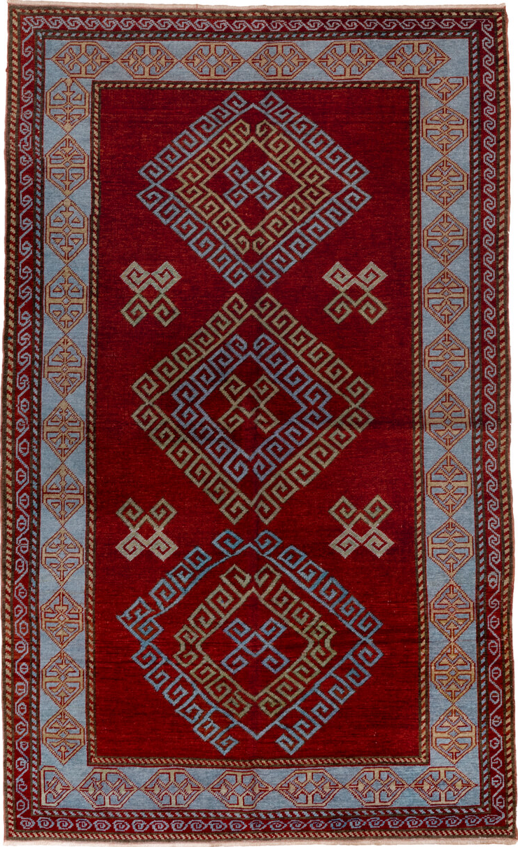 4' x 6' one-of-a-kind handmade vintage Caucasian small size rug. Color palette: blue, brown, gray, light slate gray, pink