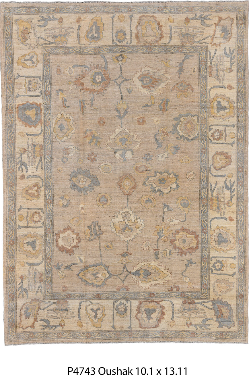10' x 13' one-of-a-kind handmade vintage Oushak large size rug. Color palette: brown, gray, light gray, off-white, orange
