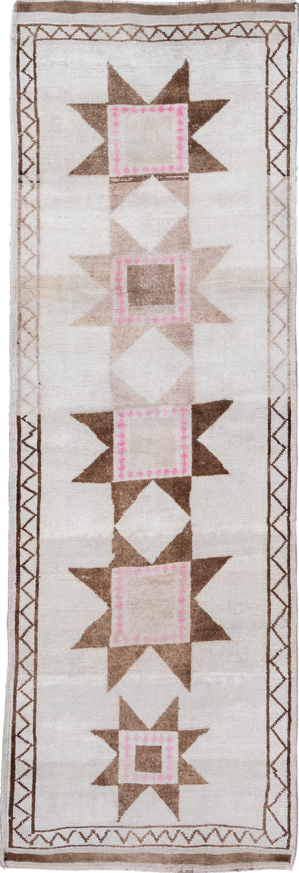 3' x 11' one-of-a-kind handmade vintage Kars runner rug. Color palette: brown, gainsboro, gray, light gray, off-white, pink