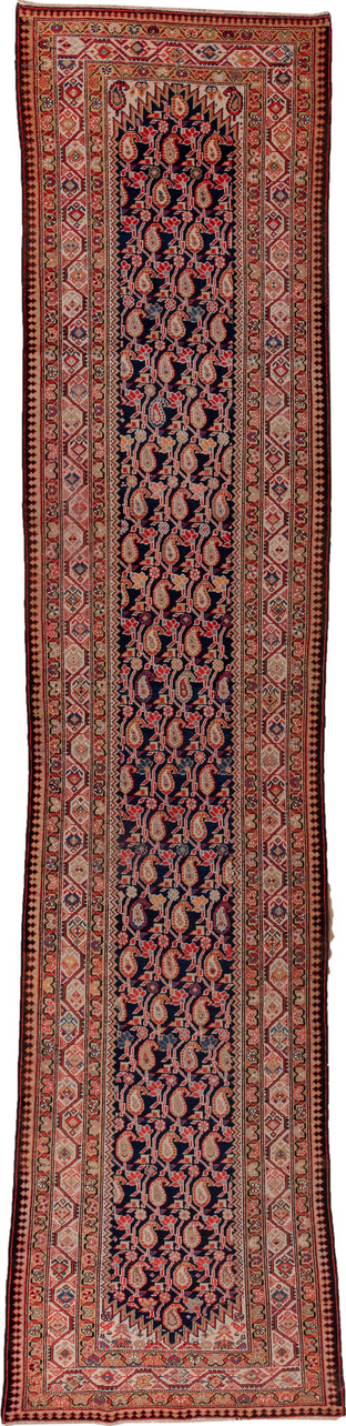 3' x 13' one-of-a-kind handmade vintage Malayer runner rug. Color palette: brown, gray, pink, red