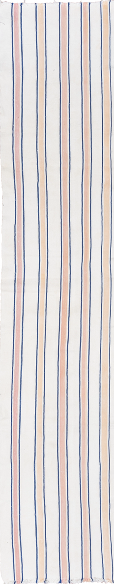 2' x 11' one-of-a-kind handmade vintage Flatweave runner rug. Color palette: blue, brown, gainsboro, gray, lavender blush