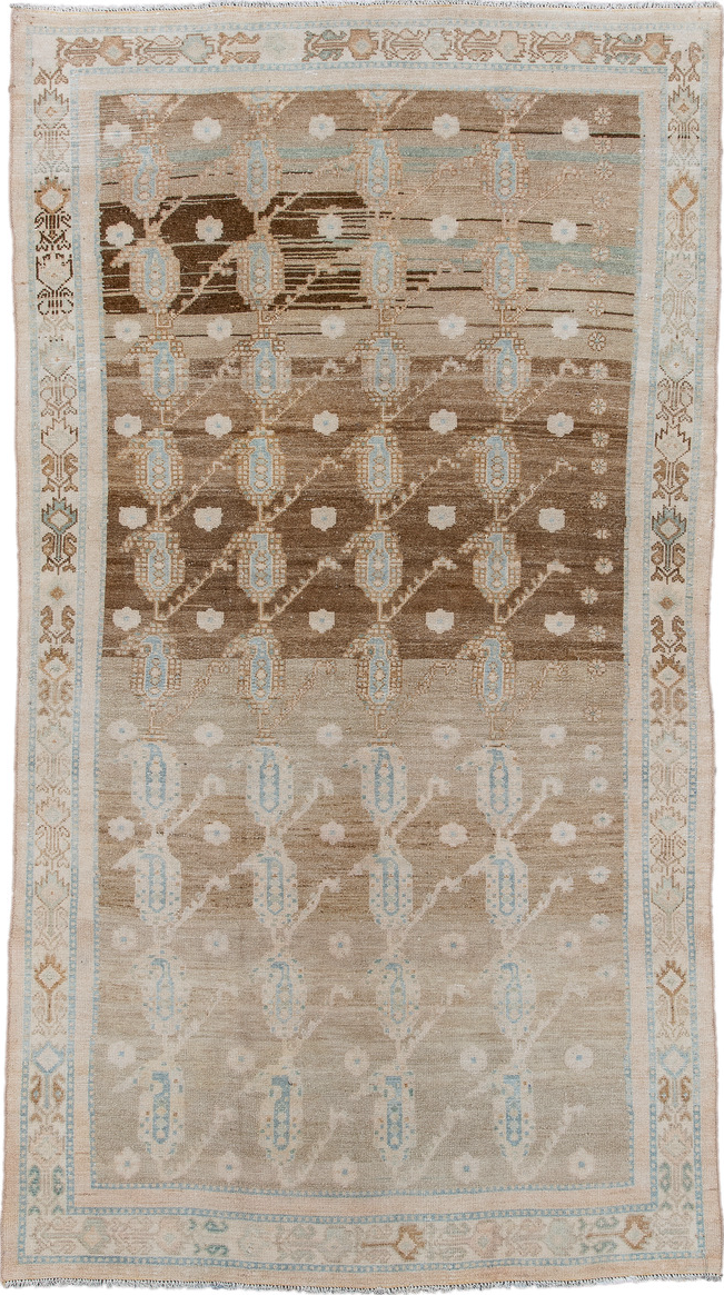 4' x 7' one-of-a-kind handmade vintage Malayer rug. Color palette: brown, dark gray, dim gray, gray, light gray, off-white