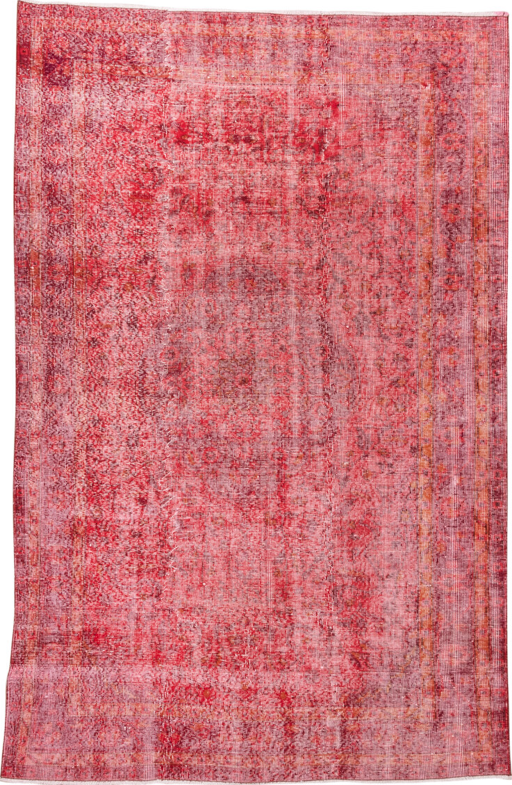 5' x 8' one-of-a-kind handmade vintage Overdyed medium size rug. Color palette: brown, indian red, light coral, light pink