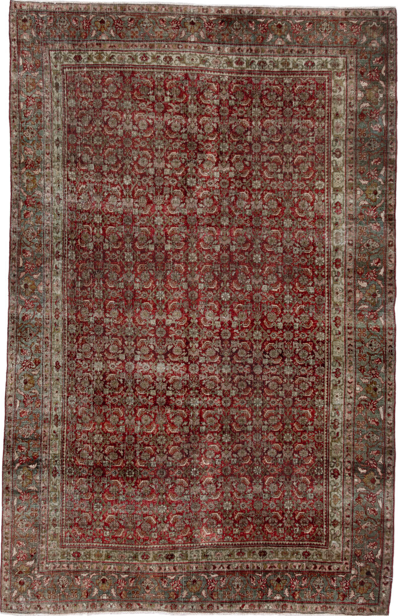 4' x 7' one-of-a-kind handmade vintage Bidjar rug. Color palette: brown, gray, light gray, off-white, pink, red