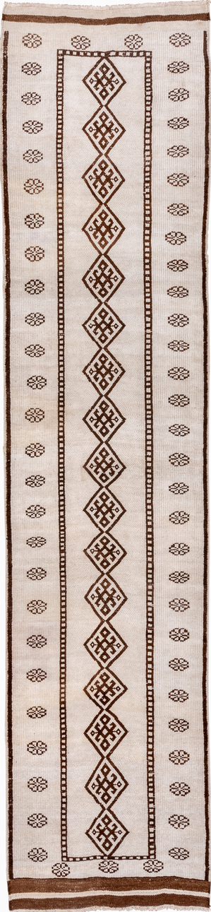 3' x 13' one-of-a-kind handmade vintage Kars runner rug. Color palette: brown, gray, light gray, off-white, pink, redwood