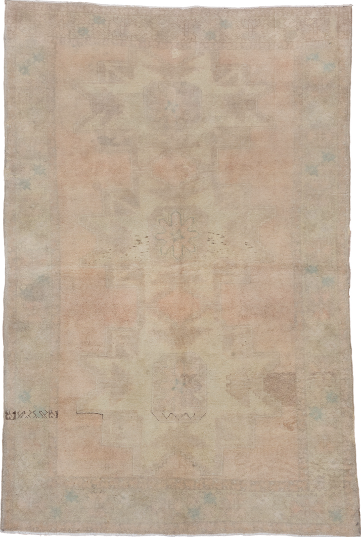 5' x 8' one-of-a-kind handmade vintage Oushak medium size rug. Color palette: brown, gray, light gray, pink