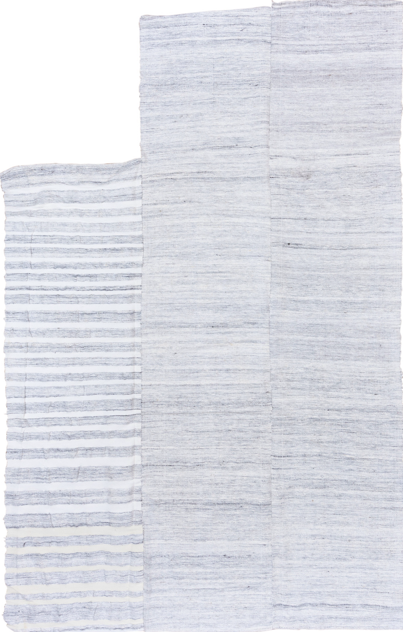 7' x 11' one-of-a-kind handmade vintage Hemp Kilim large size rug. Color palette: gainsboro, gray, light blue, light gray