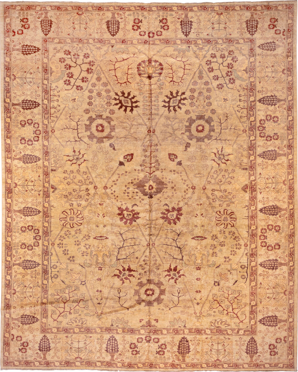 13' x 17' one-of-a-kind handmade vintage Sultanabad oversize rug. Color palette: brown, pink, red, yellow, orange, off-white