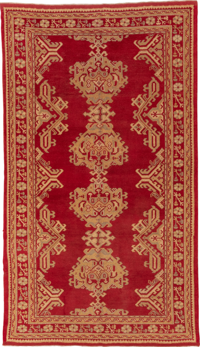 5' x 9' one-of-a-kind handmade vintage Oushak medium size rug. Color palette: brown, burgundy, burlywood, pink, red