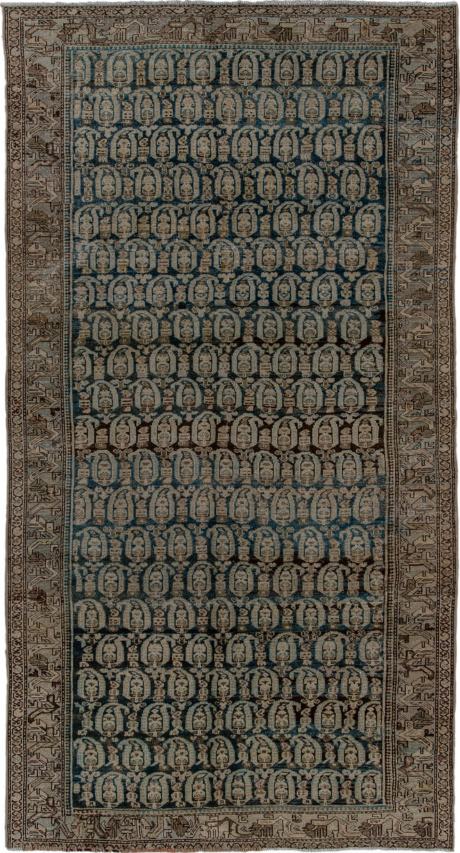 4' x 9' one-of-a-kind handmade vintage Malayer rug. Color palette: black, blue, brown, gainsboro, gray, light gray
