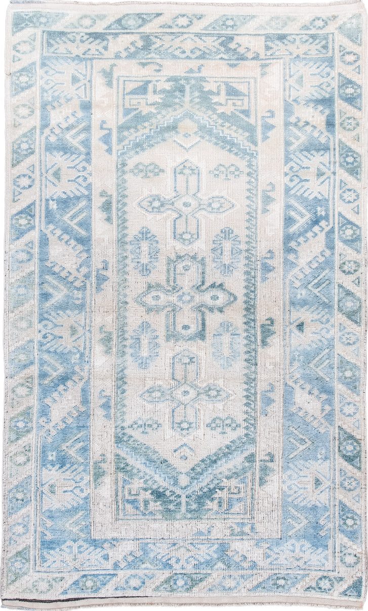 3' x 6' one-of-a-kind handmade vintage Anatol small size rug. Color palette: blue, dark gray, dim gray, gainsboro