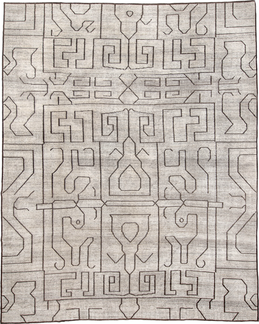 11' x 14' one-of-a-kind handmade vintage Tulu oversize rug. Color palette: dark gray, gainsboro, gray, light gray, linen