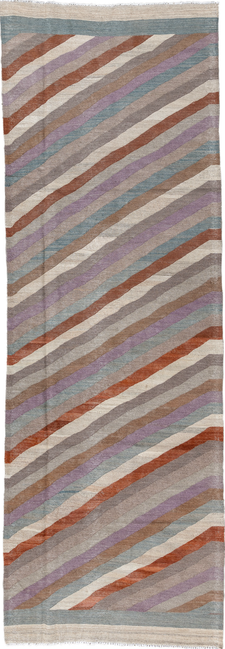 3' x 9' one-of-a-kind handmade vintage Kilim runner rug. Color palette: brown, dark gray, gray, light gray, off-white, pink