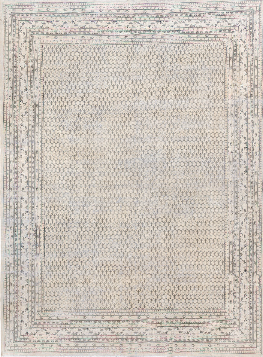 7' x 10' one-of-a-kind handmade vintage Mir large size rug. Color palette: antiquewhite, beige, dim gray, gainsboro, gray