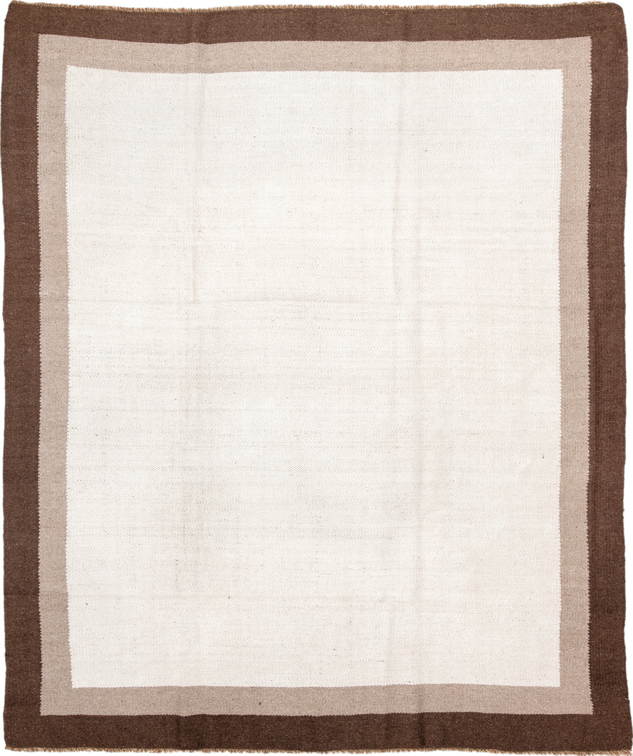 8' x 9' one-of-a-kind handmade vintage Kilim rug. Color palette: brown, floral white, gainsboro, gray, ivory, lavender blush