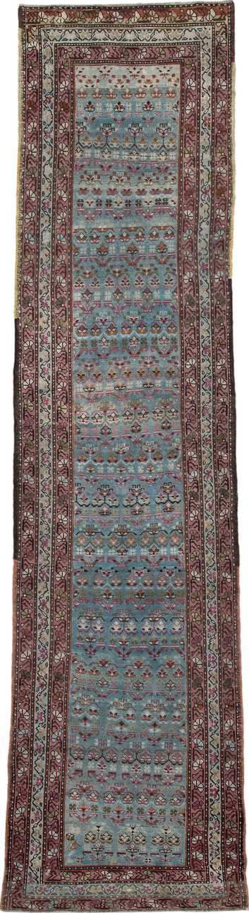 3' x 12' one-of-a-kind handmade vintage NW Persian runner rug. Color palette: black, blue, brown, charcoal, dark gray, gray