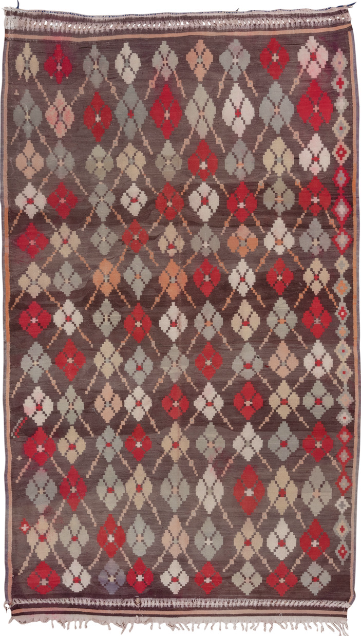7' x 11' one-of-a-kind handmade vintage Kilim large size rug. Color palette: brown, gray, light gray, pink, red