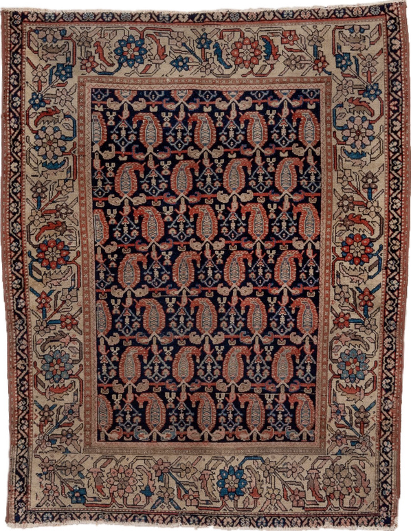 4' x 5' one-of-a-kind handmade vintage Malayer small size rug. Color palette: black, blue, brown, gray, light gray, pink