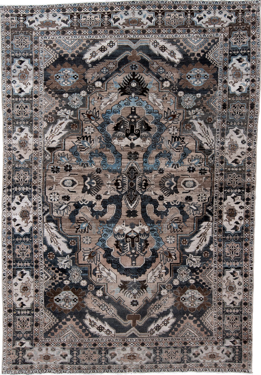 7' x 10' one-of-a-kind handmade vintage Adb large size rug. Color palette: gray, light gray, black, off-white, blue, pink
