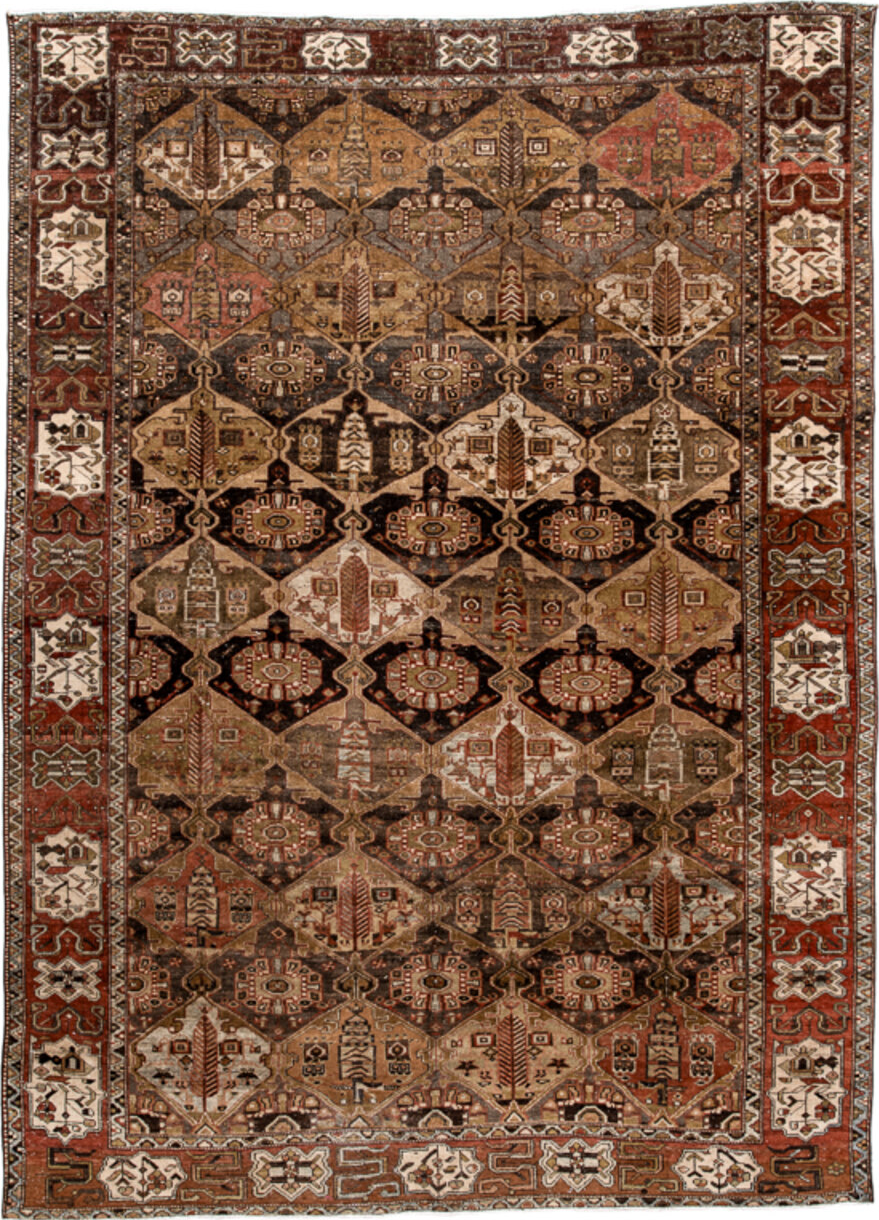6' x 9' one-of-a-kind handmade vintage medium size rug. Color palette: black, brown, gray, off-white, orange, pink