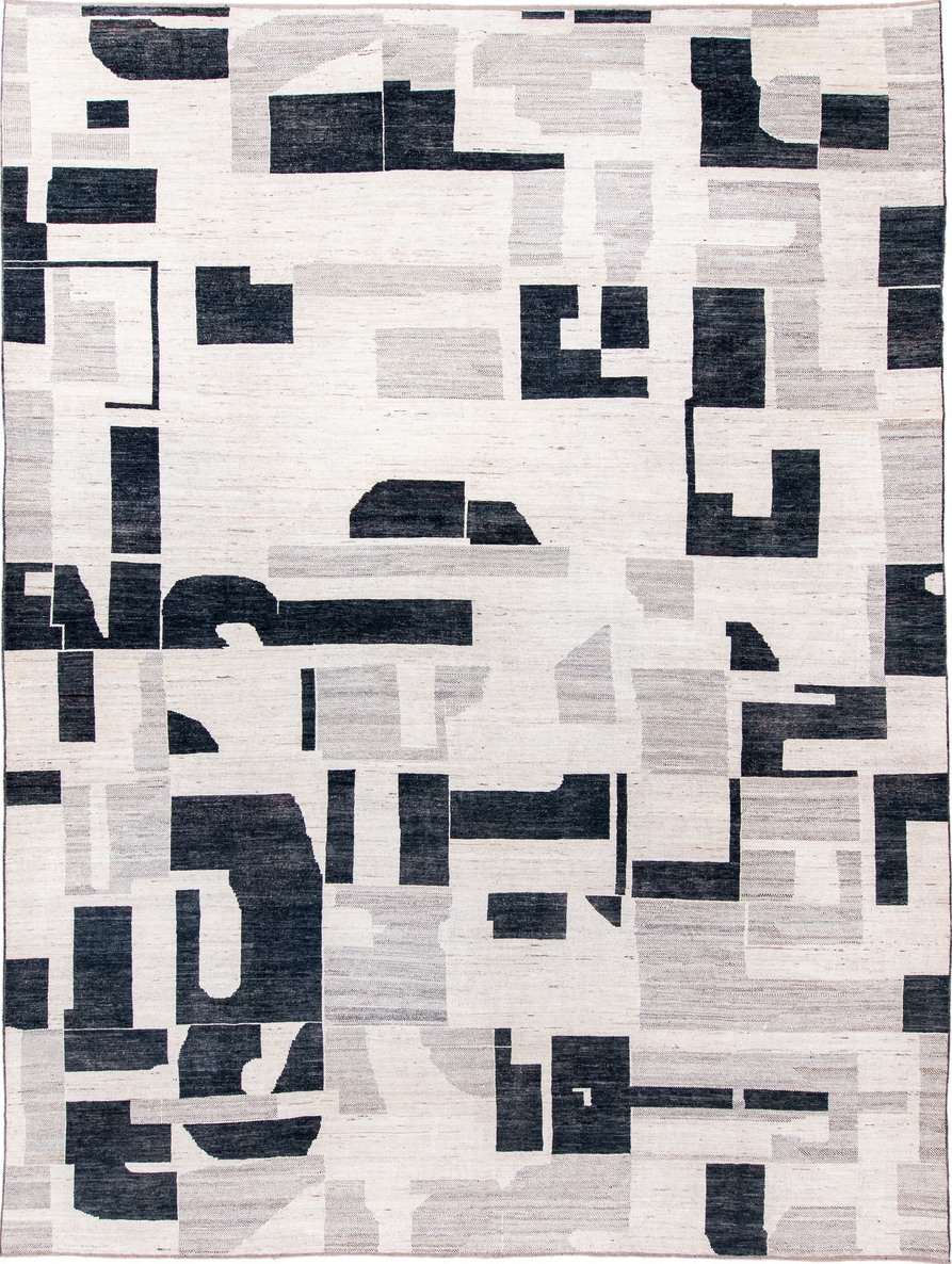 13' x 17' one-of-a-kind handmade vintage Tulu oversize rug. Color palette: black, blue, dark gray, dim gray, gainsboro, gray