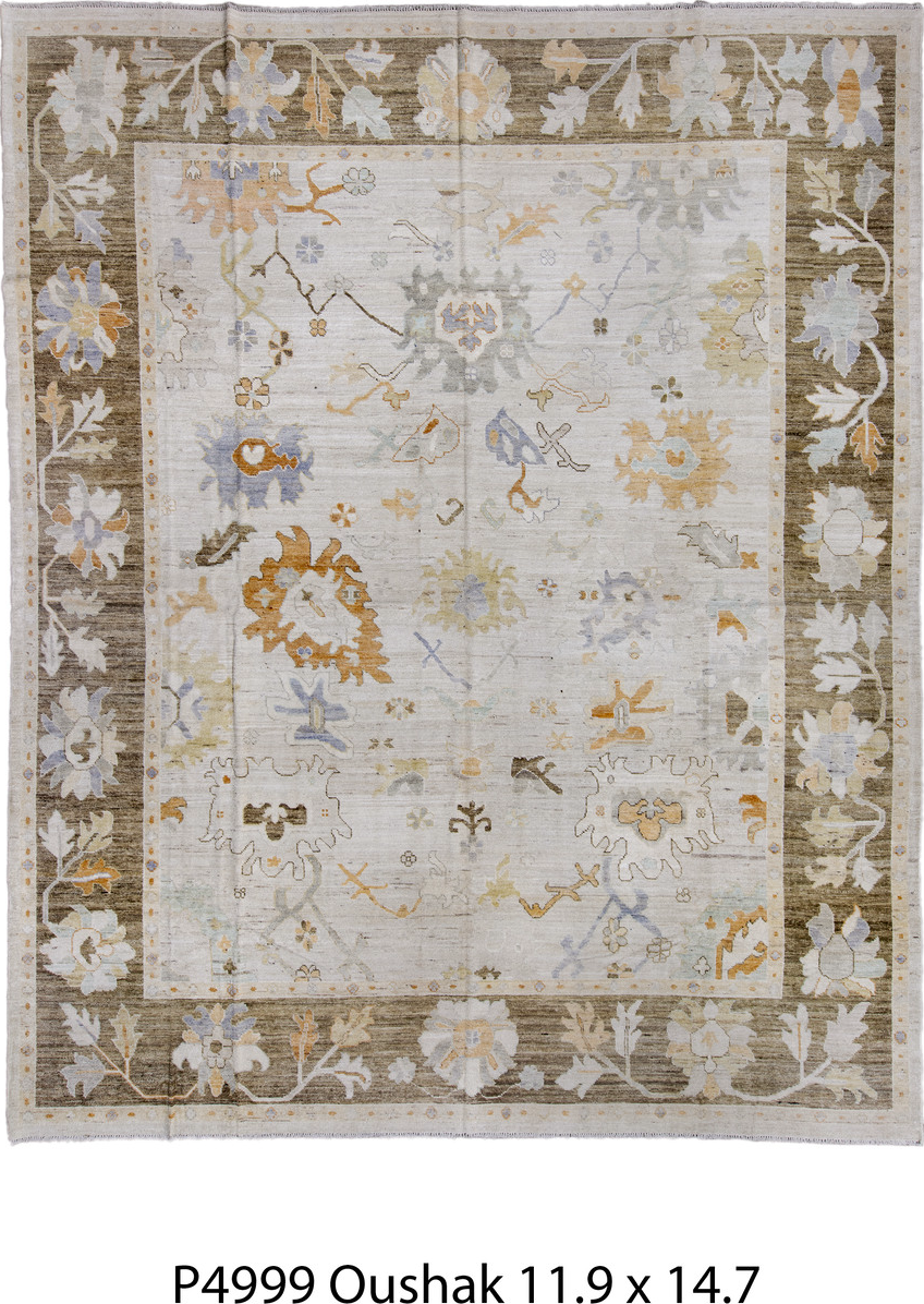 11' x 14' one-of-a-kind handmade vintage Oushak oversize rug. Color palette: brown, dim gray, gainsboro, gray, light gray