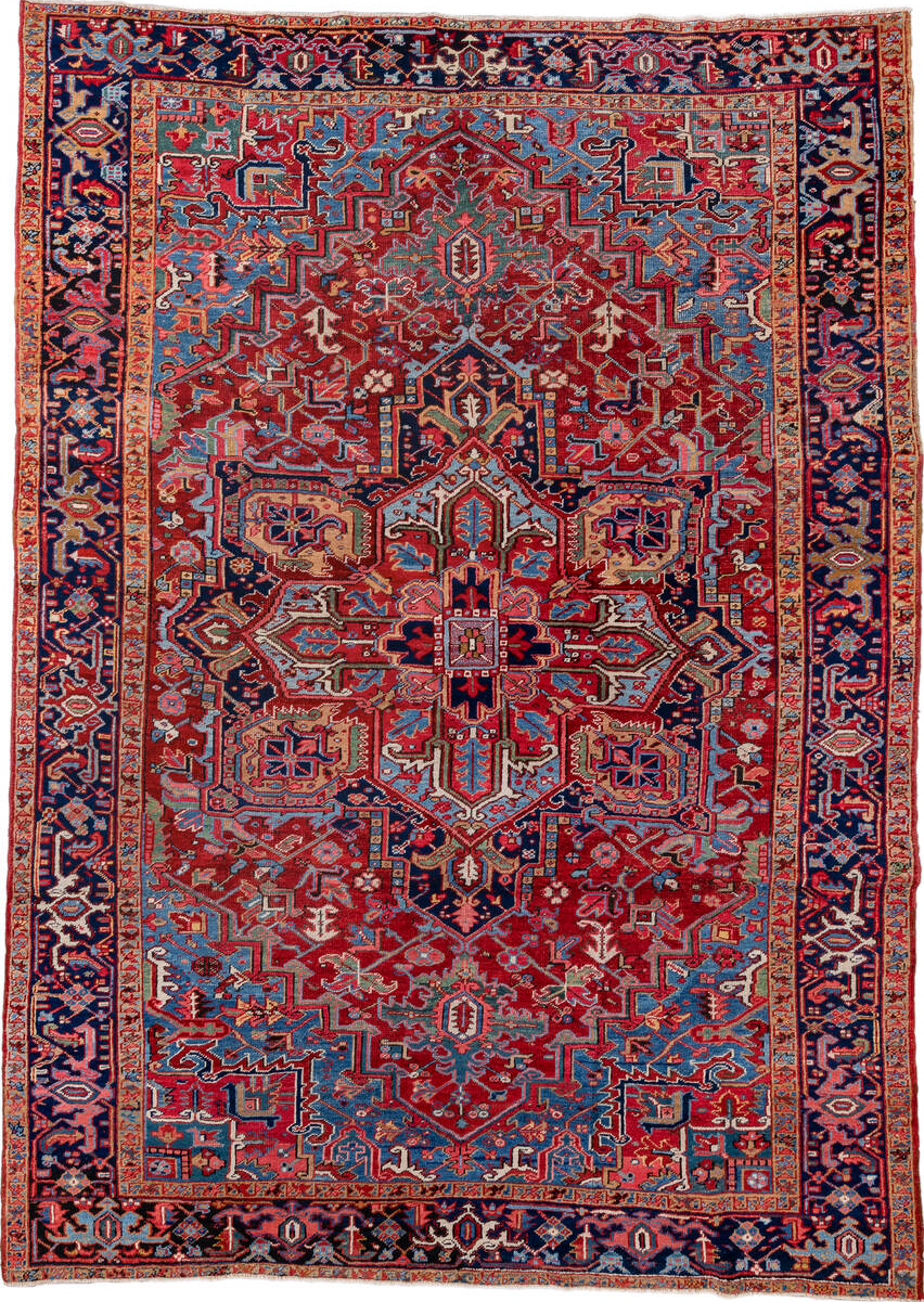 7' x 10' one-of-a-kind handmade vintage Heriz large size rug. Color palette: black, blue, brown, dark gray, gainsboro, gray