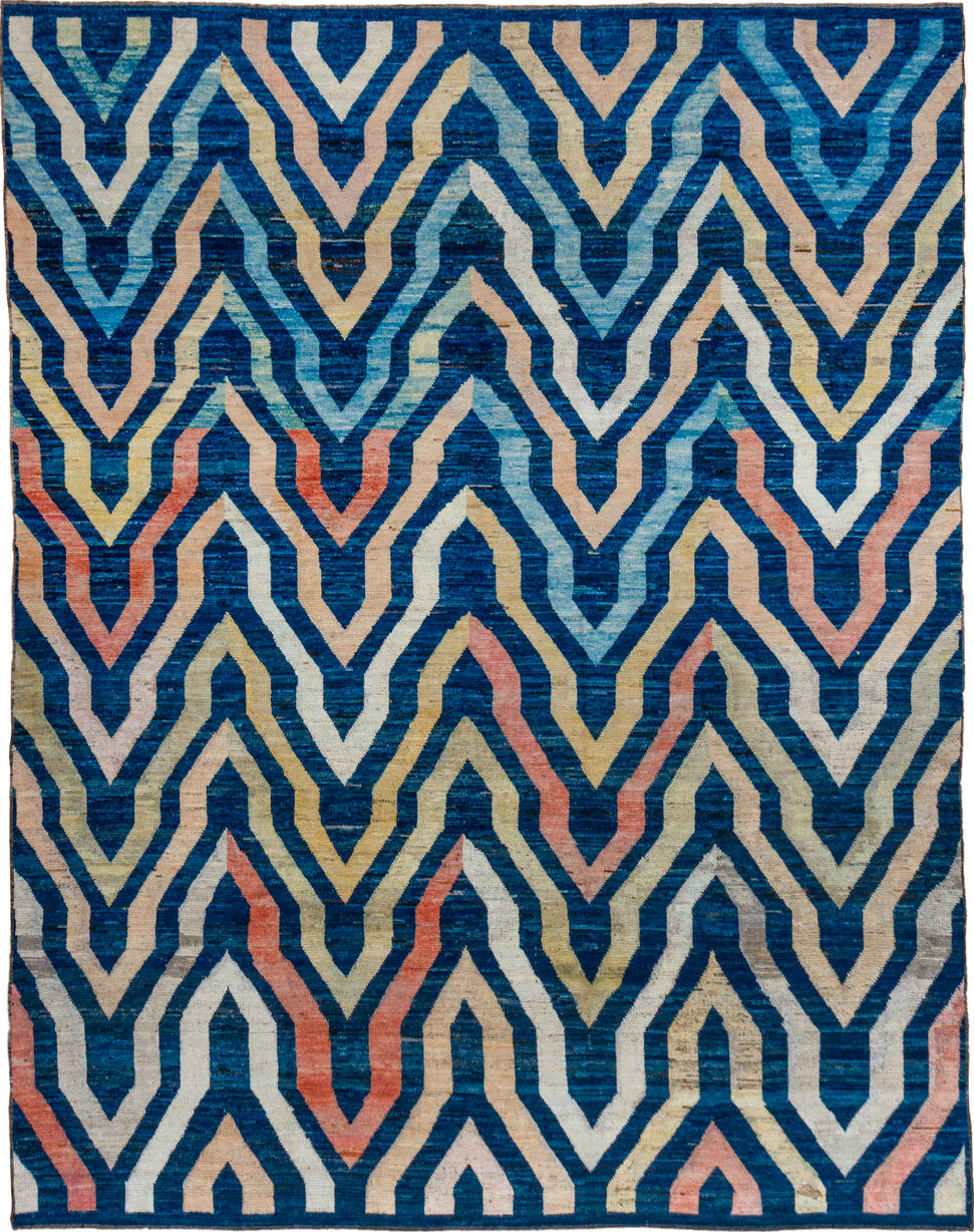 10' x 13' one-of-a-kind handmade vintage Tulu large size rug. Color palette: blue, brown, gray, light gray, off-white, pink