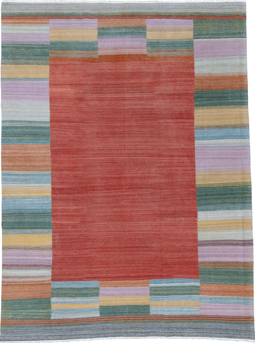 8' x 12' one-of-a-kind handmade vintage Kilim large size rug. Color palette: blue, brown, dark gray, gainsboro, gray