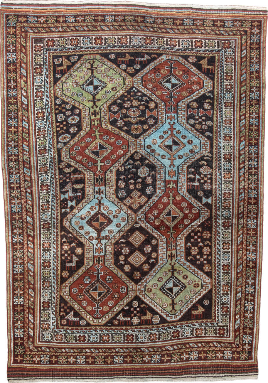 4' x 6' one-of-a-kind handmade vintage Belouch small size rug. Color palette: gray, light gray, off-white, brown, light blue