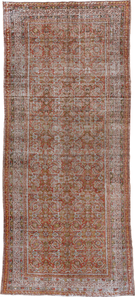 5' x 13' one-of-a-kind handmade vintage Malayer rug. Color palette: brown, gray, light gray, off-white, pink, redwood