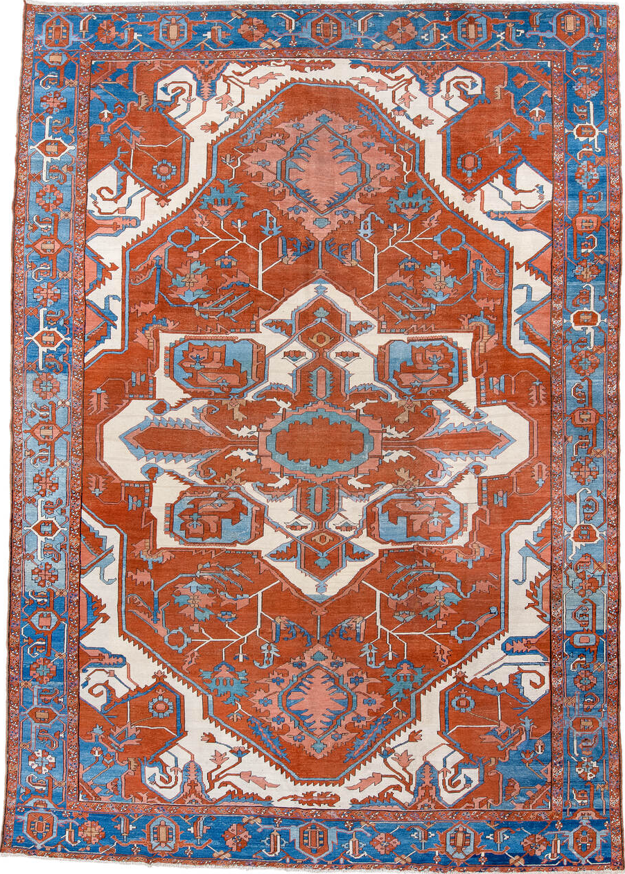 10' x 15' one-of-a-kind handmade vintage Serapi rug. Color palette: blue, brown, gray, light blue, light gray, pink, red