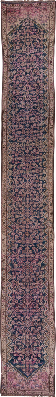 2' x 16' one-of-a-kind handmade vintage NW Persian runner rug. Color palette: brown, dim gray, gray, off-white, pink, snow