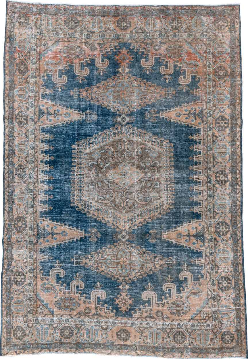 7' x 10' one-of-a-kind handmade vintage Veece large size rug. Color palette: arapawa, blue, brown, dark gray, ghost white