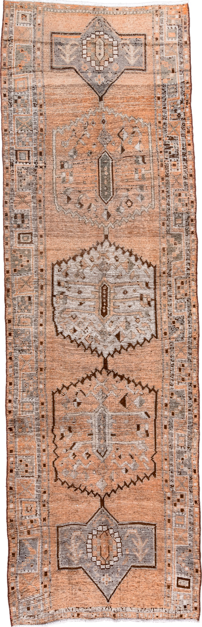 4' x 14' one-of-a-kind handmade vintage Oushak runner rug. Color palette: brown, gray, light gray, off-white, orange