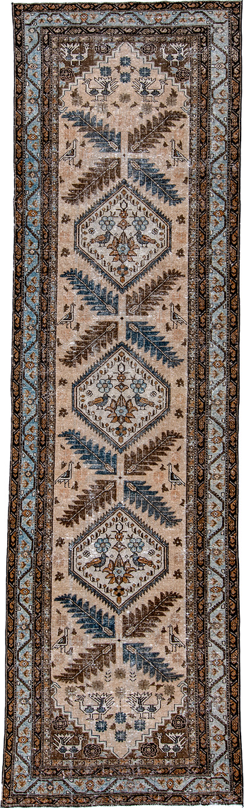 3' x 11' one-of-a-kind handmade vintage NW Persian runner rug. Color palette: black, blue, brown, charcoal, gray, light gray