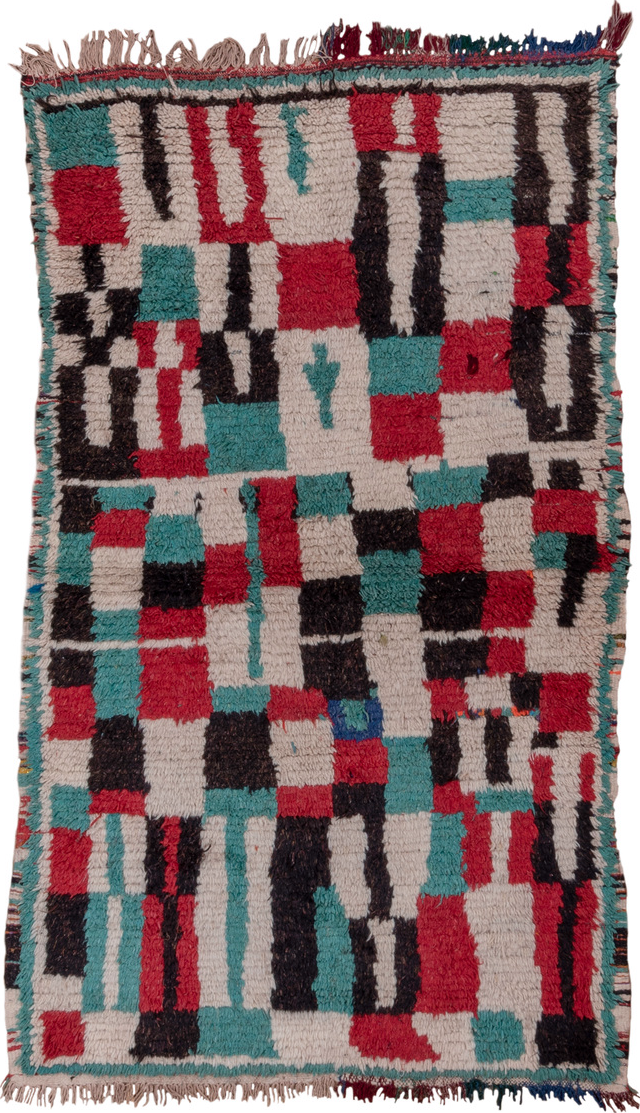4' x 6' one-of-a-kind handmade vintage Moroccan small size rug. Color palette: gray, blue, brown, red, pink, light gray