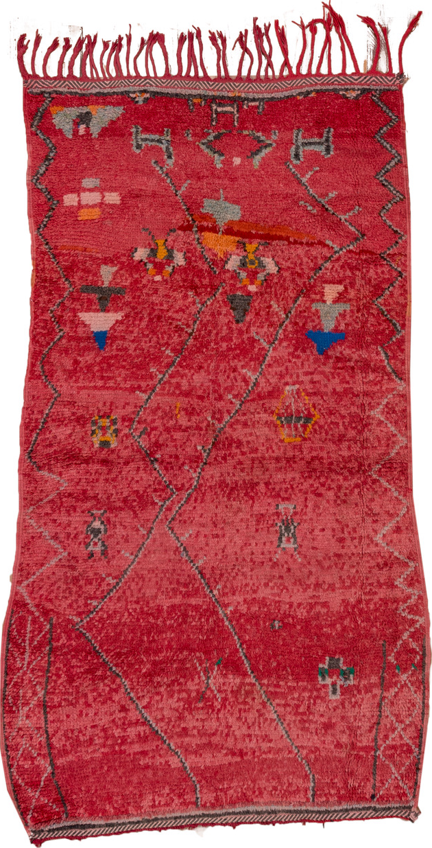 3' x 7' one-of-a-kind handmade vintage Moroccan rug. Color palette: brown, burgundy, gray, indian red, pink, red