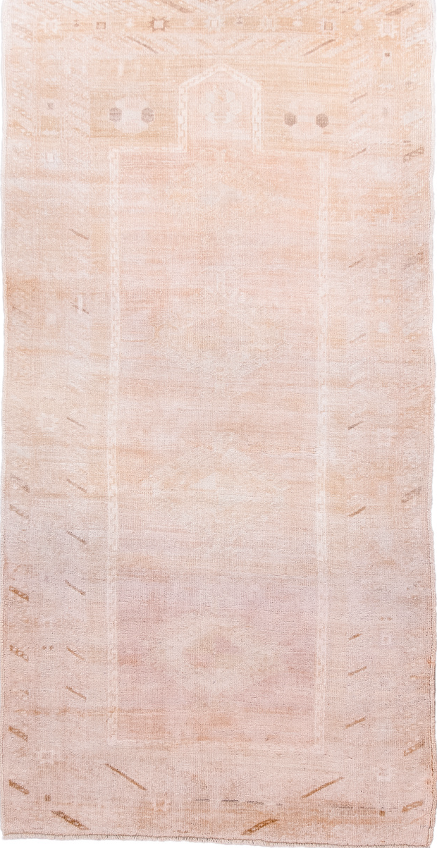 3' x 6' one-of-a-kind handmade vintage Anatol runner rug. Color palette: brown, gray, light gray, linen, misty rose