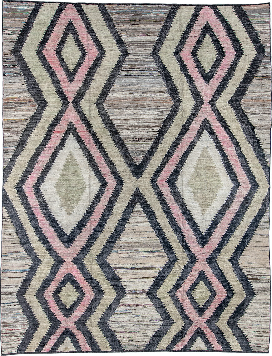 9' x 12' one-of-a-kind handmade vintage Tulu large size rug. Color palette: black, blue, dark gray, dim gray, gainsboro