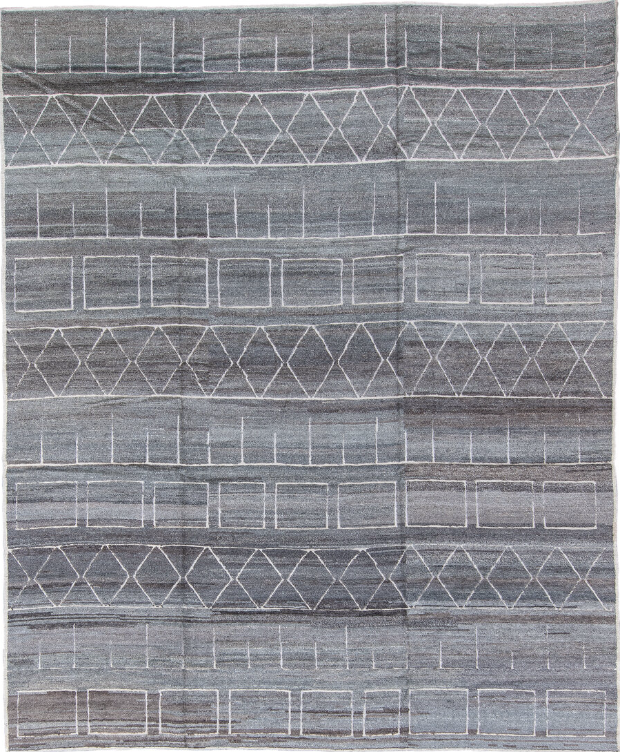 8' x 10' one-of-a-kind handmade vintage Tulu large size rug. Color palette: black, blue, charcoal, dark gray, dim gray, gray