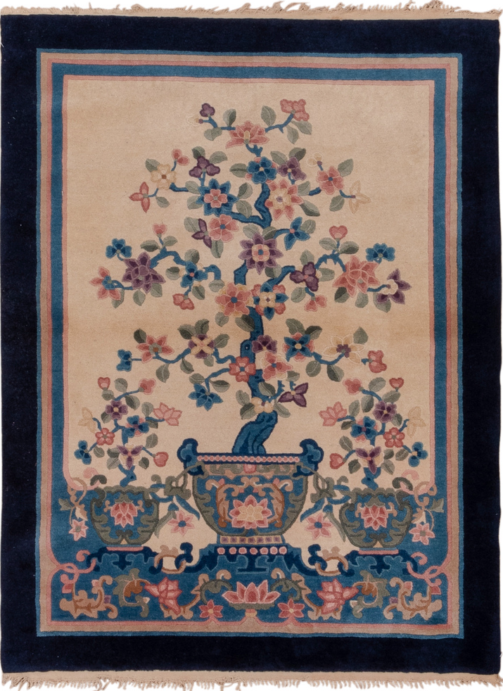 4' x 5' one-of-a-kind handmade vintage Chinese small size rug. Color palette: arapawa, black, blue, brown, charcoal, gray