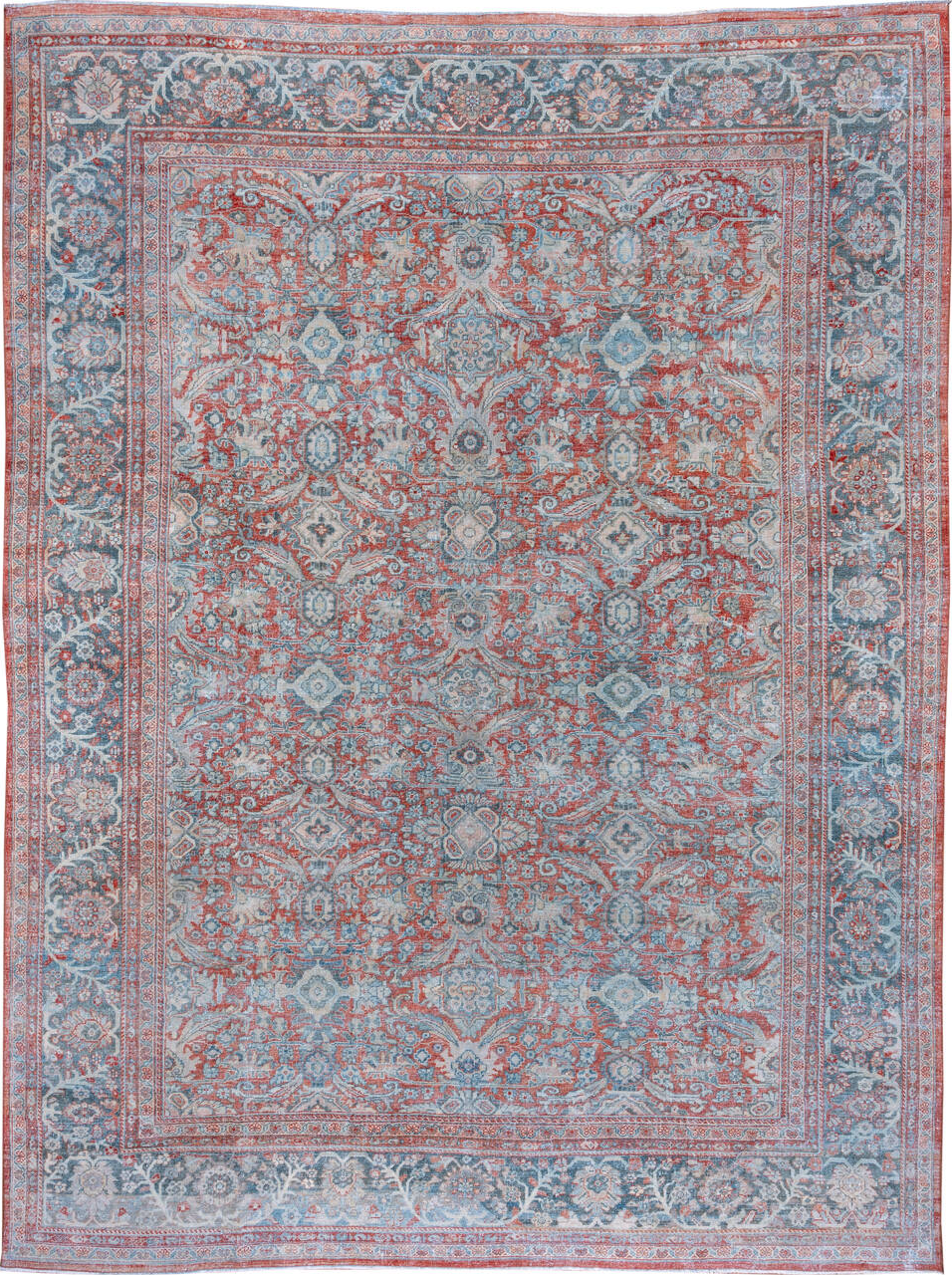 10' x 13' one-of-a-kind handmade vintage Mahal large size rug. Color palette: blue, brown, gray, light blue, light gray