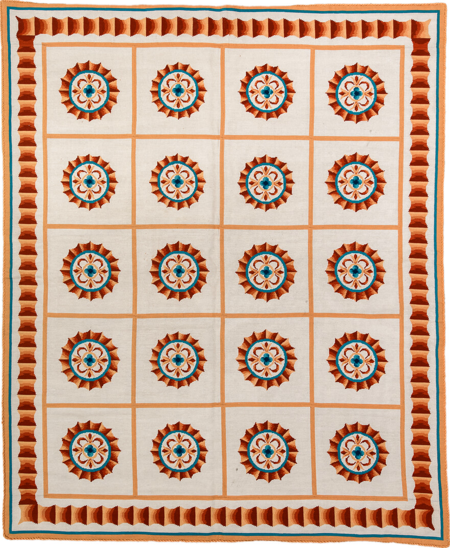 6' x 7' one-of-a-kind handmade vintage Needlepoint rug. Color palette: blue, brown, gray, green, off-white, orange, pink