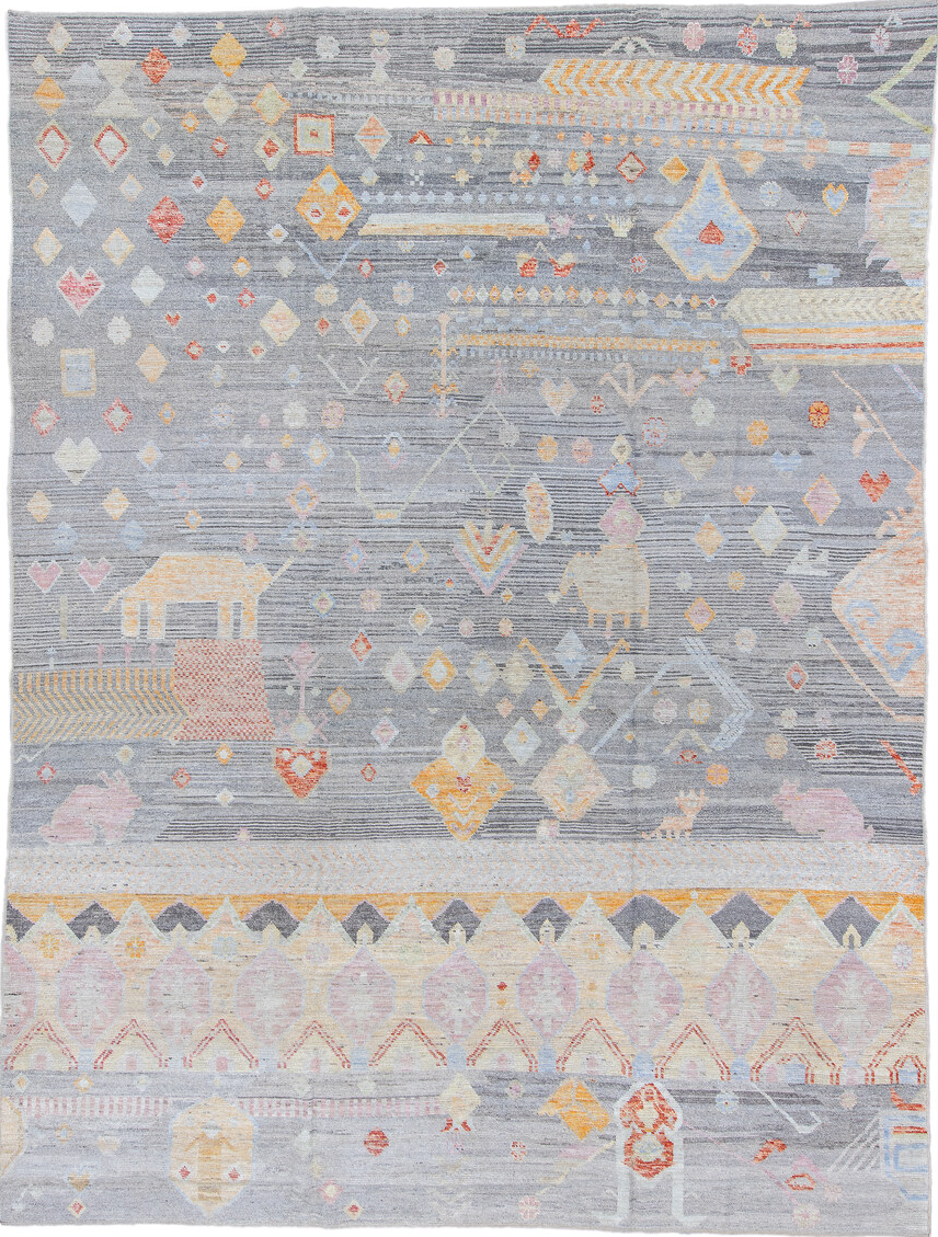 10' x 13' one-of-a-kind handmade vintage Tulu large size rug. Color palette: brown, gainsboro, gray, light blue, light gray